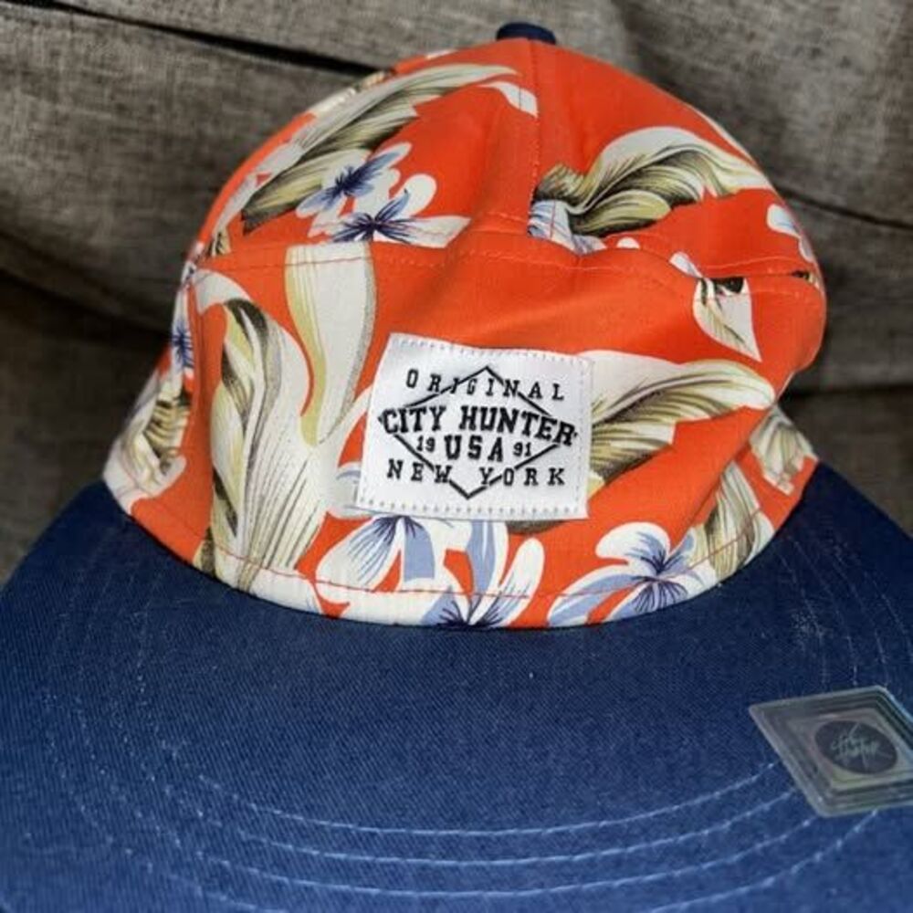 City Hunters Hat Unisex Adjustable Orange AOP Cap Hawaiian Flowers Blue Vtg USA